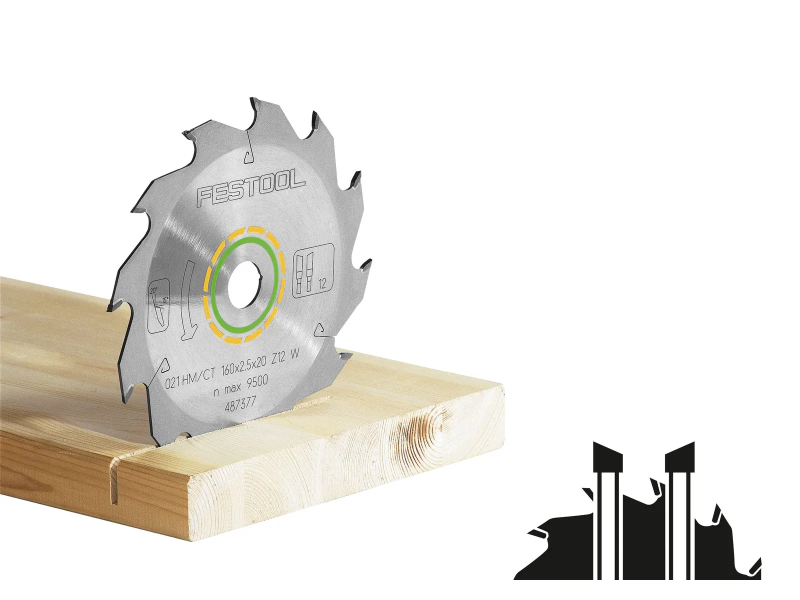 A circular saw blade stands upright in a wooden plank.