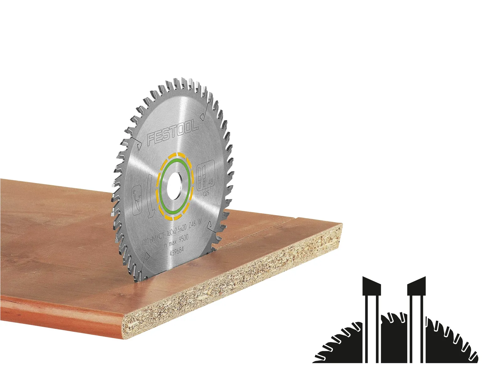 A circular saw blade stands upright on the edge of a laminated wood board, with an illustration of it cutting through wood nearby.