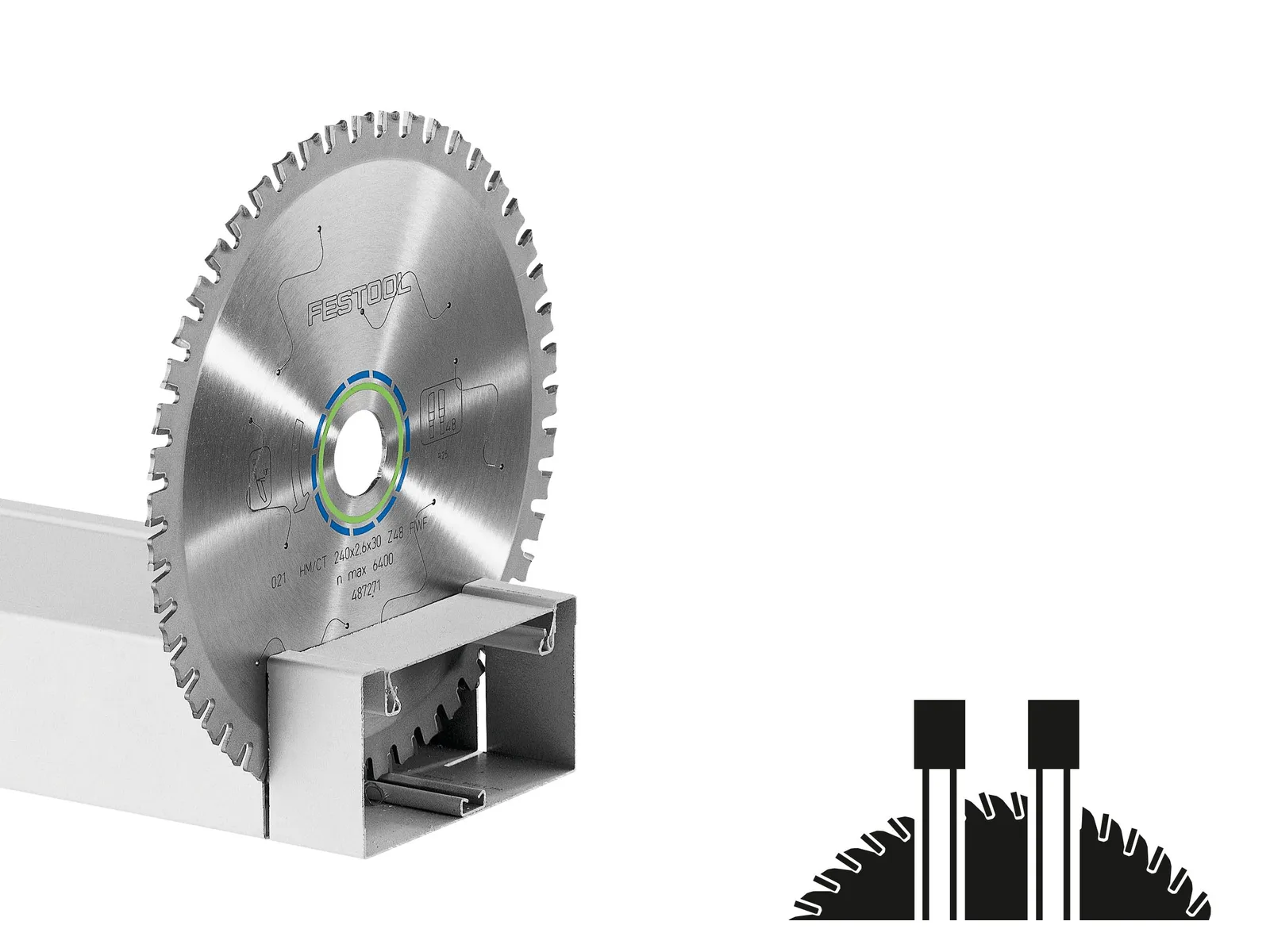 A circular saw blade on a metallic base, with a close-up graphic at right showing the alignment of the teeth and components. White background.