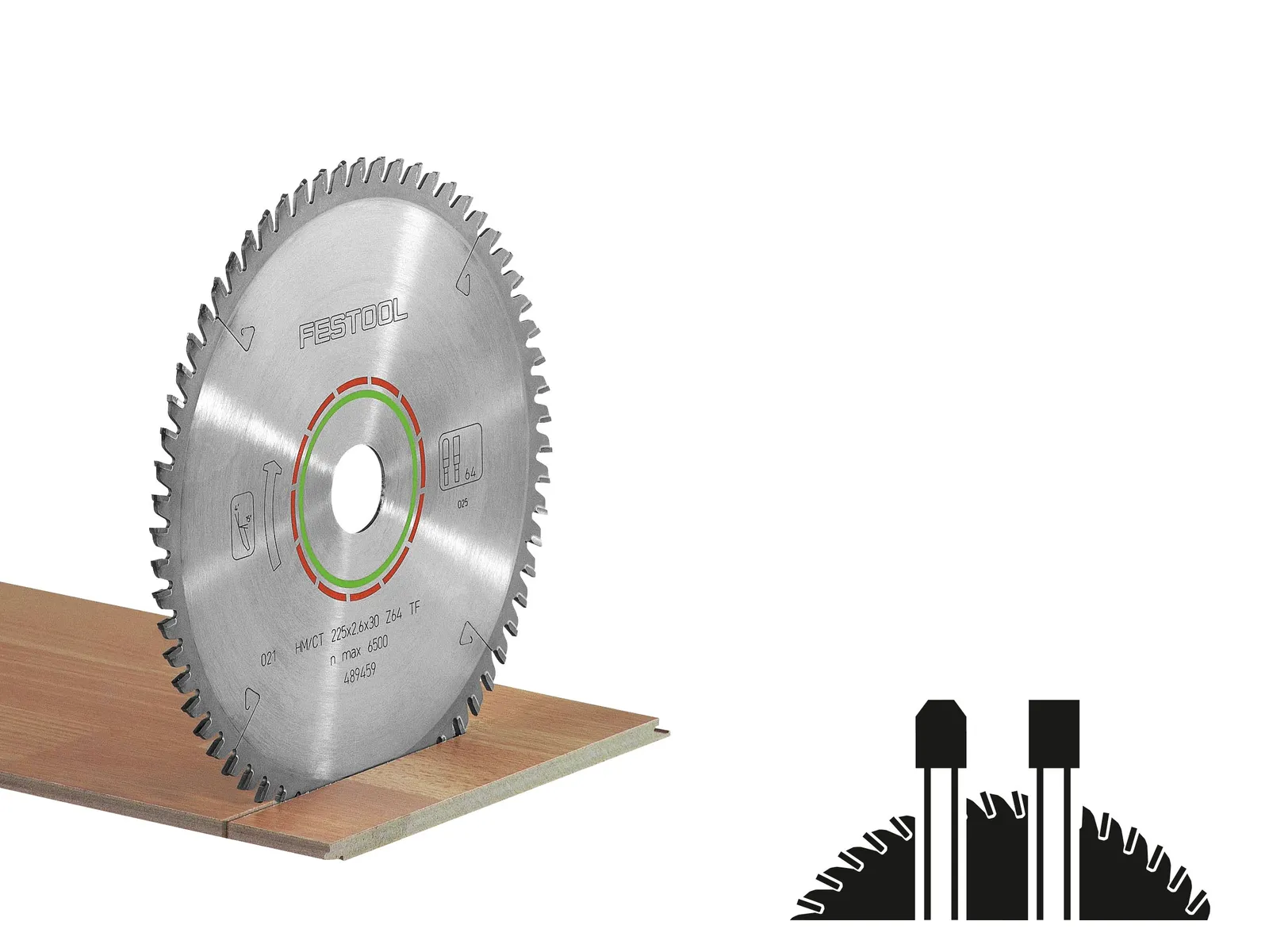 A circular saw blade stands upright on a wooden board, with a black diagram below showing teeth profiles and cutting angles. White background.
