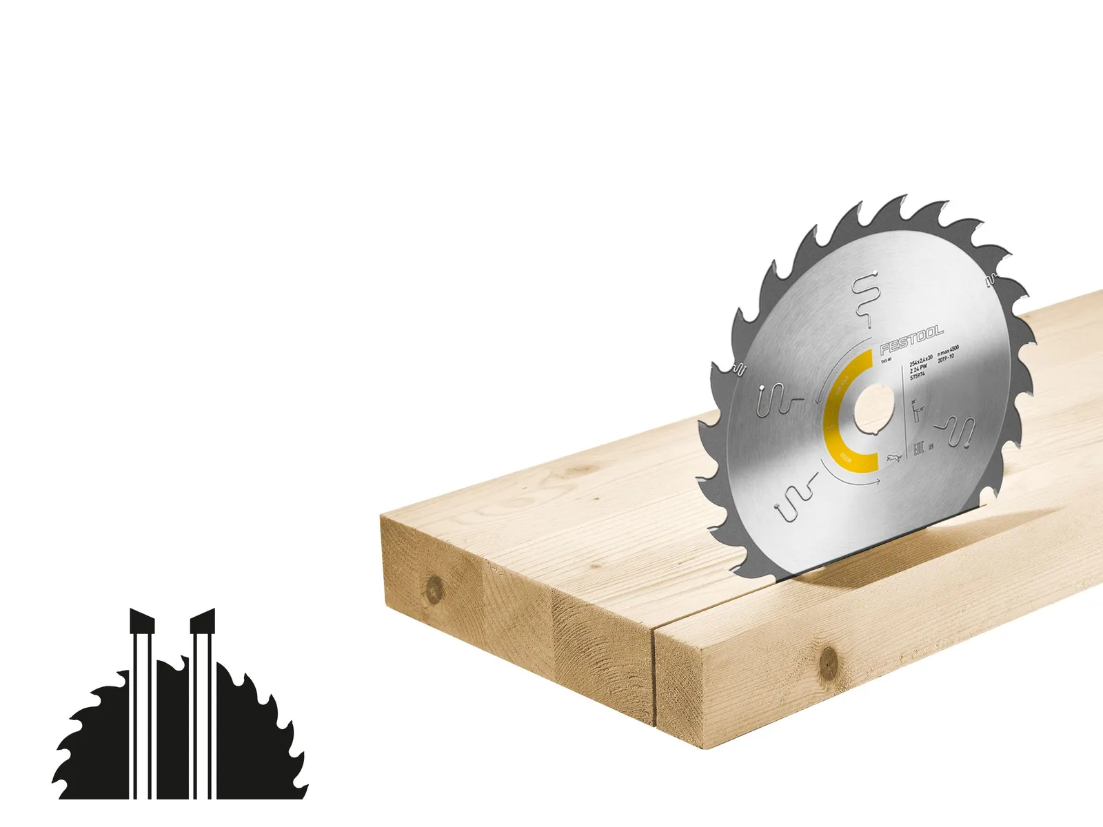 A circular saw blade embedded vertically in two stacked wooden boards on a white background.