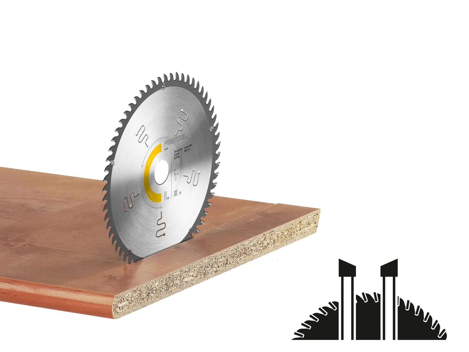A circular saw blade cuts through a piece of wood, with a close-up illustration in the corner of the blade’s teeth and cutting angle.