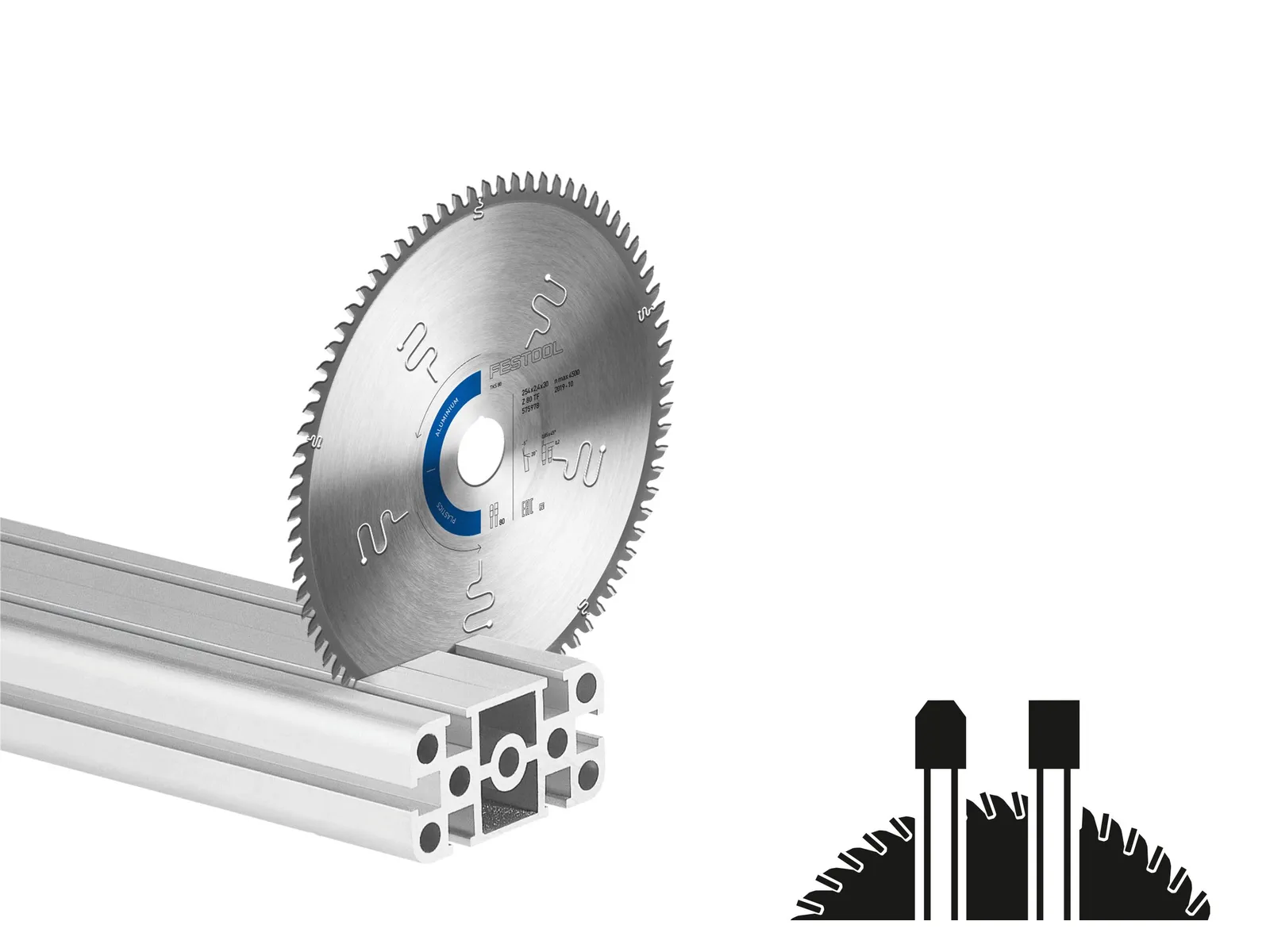 A circular saw blade stands upright against aluminum profiles on a white background, with a diagram in the bottom right corner.