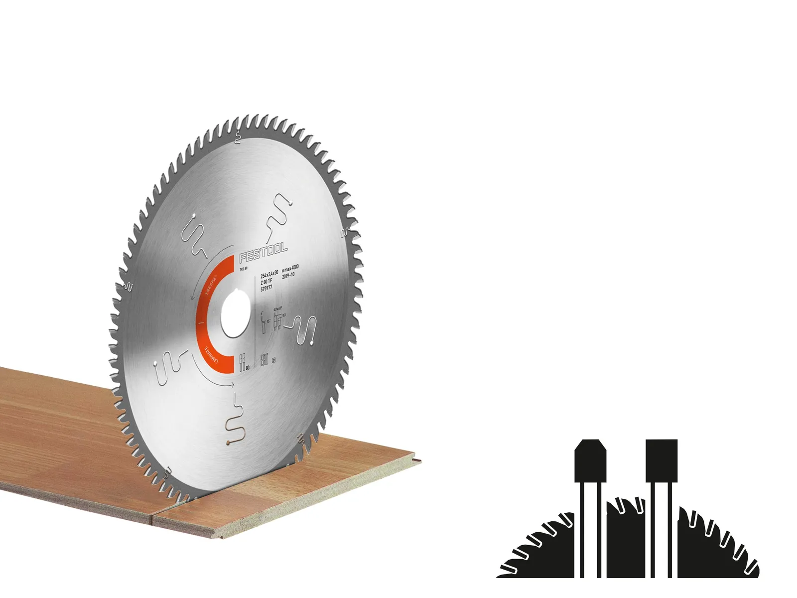 A circular saw blade partially inserted into a wooden board, with a diagram of the blade's teeth and positioning in the corner.