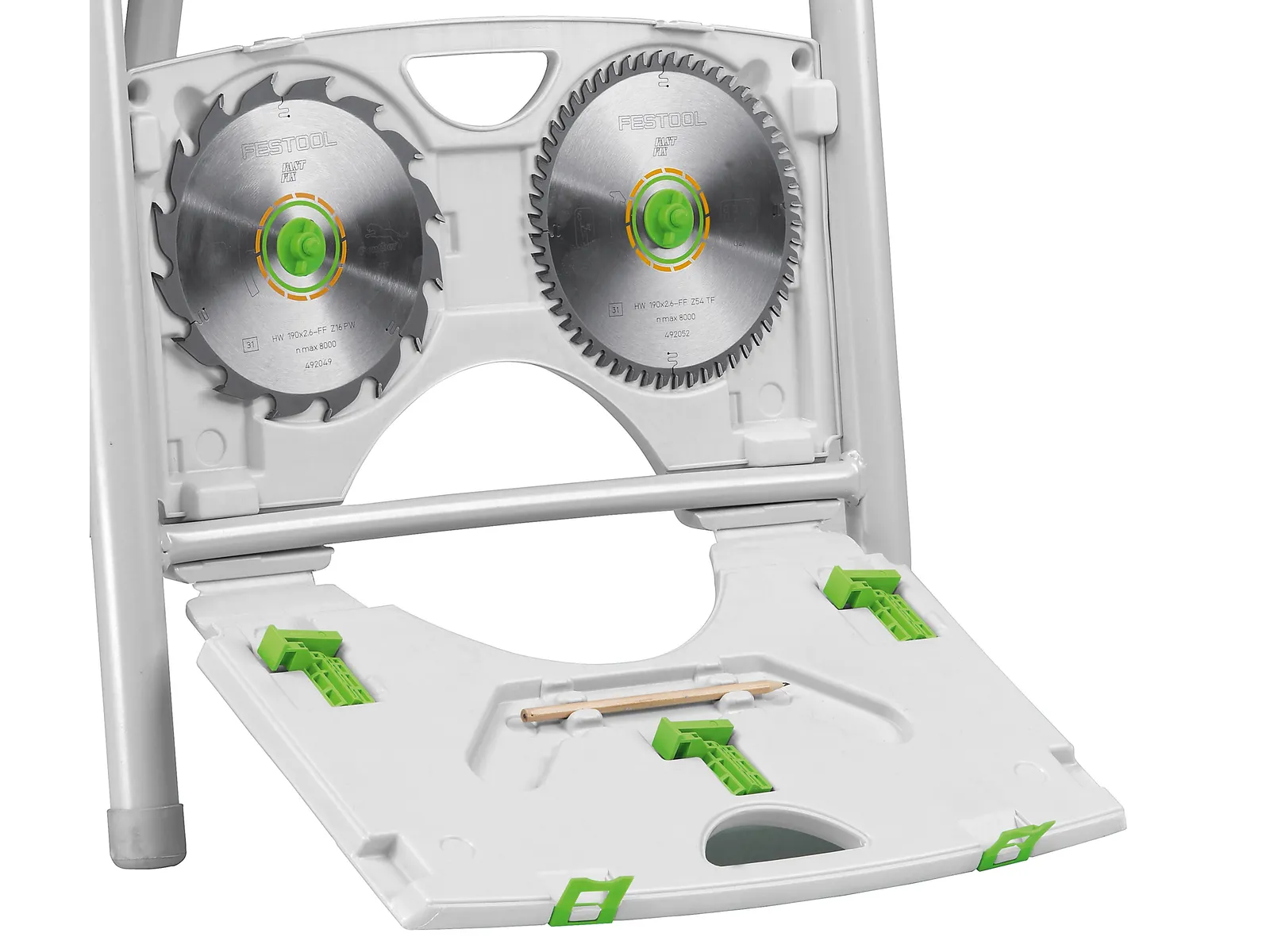 A close-up of a white plastic storage case holding two circular saw blades and a pencil, secured by green clasps in a tool organizer.