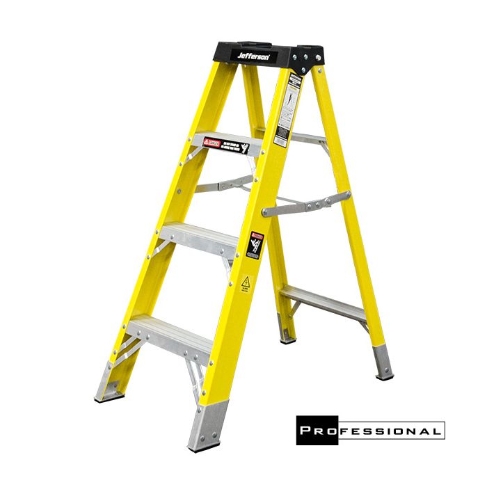 A yellow Jefferson 4 TREAD FIBREGLASS STEP LADDER with four steps, aluminum reinforcement, and safety labels stands open on a white background.