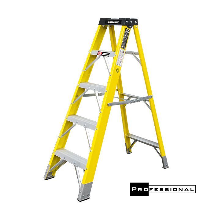 The Jefferson 4 TREAD FIBREGLASS STEP LADDER is yellow with silver aluminum steps and bracing, standing open on a white background.