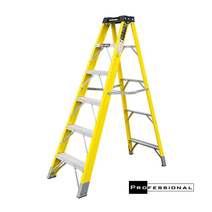 A yellow Jefferson 4 TREAD FIBREGLASS STEP LADDER with metal steps and a black top stands open on a white background.