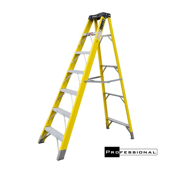 A yellow and silver Jefferson 4 TREAD FIBREGLASS STEP LADDER stands open on a white background.