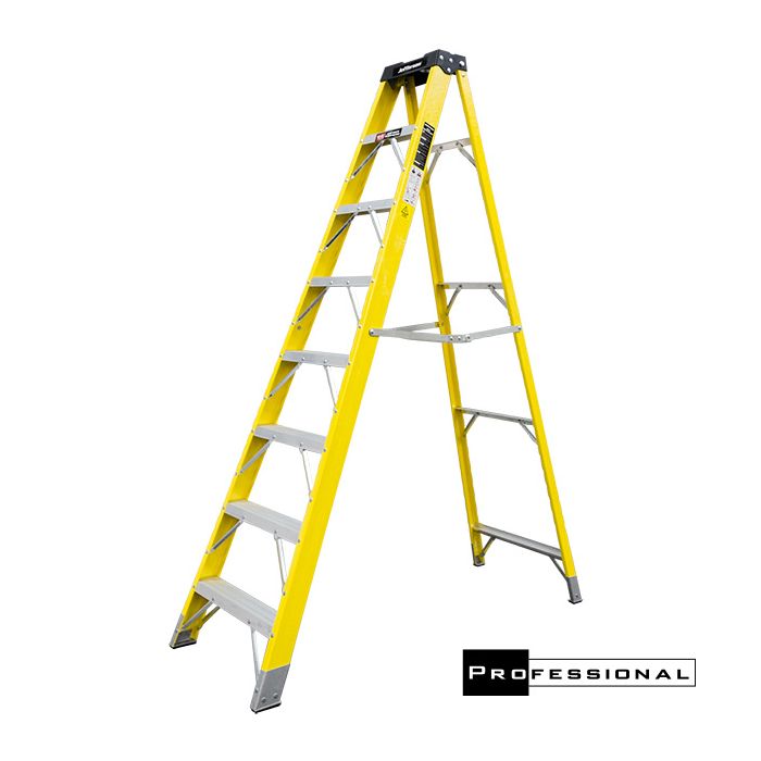 A tall, yellow Jefferson 4 TREAD FIBREGLASS STEP LADDER with silver steps and supports stands open on a white background.