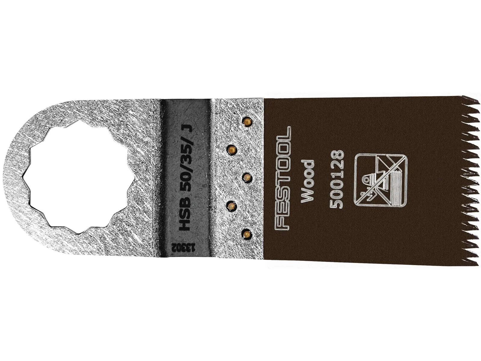 A close-up of a metallic multitool wood saw blade with sharp teeth and a mounting hole on one end. A no-hand symbol appears on it.