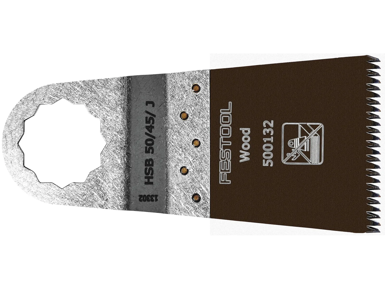 A Festool oscillating multi-tool blade with a star-shaped mounting end and sharp teeth, designed specifically for cutting wood.