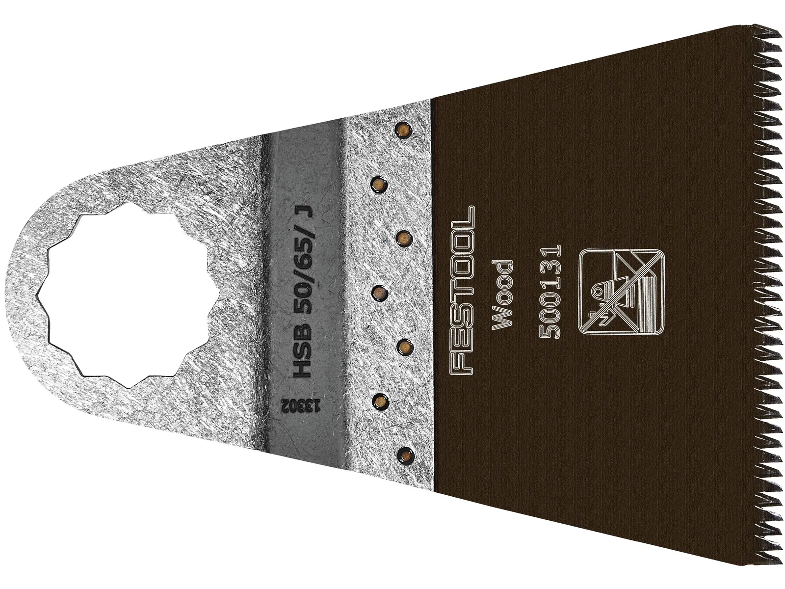 A Festool oscillating multitool saw blade for cutting wood, with a segmented edge and a warning symbol indicating no use on metal.
