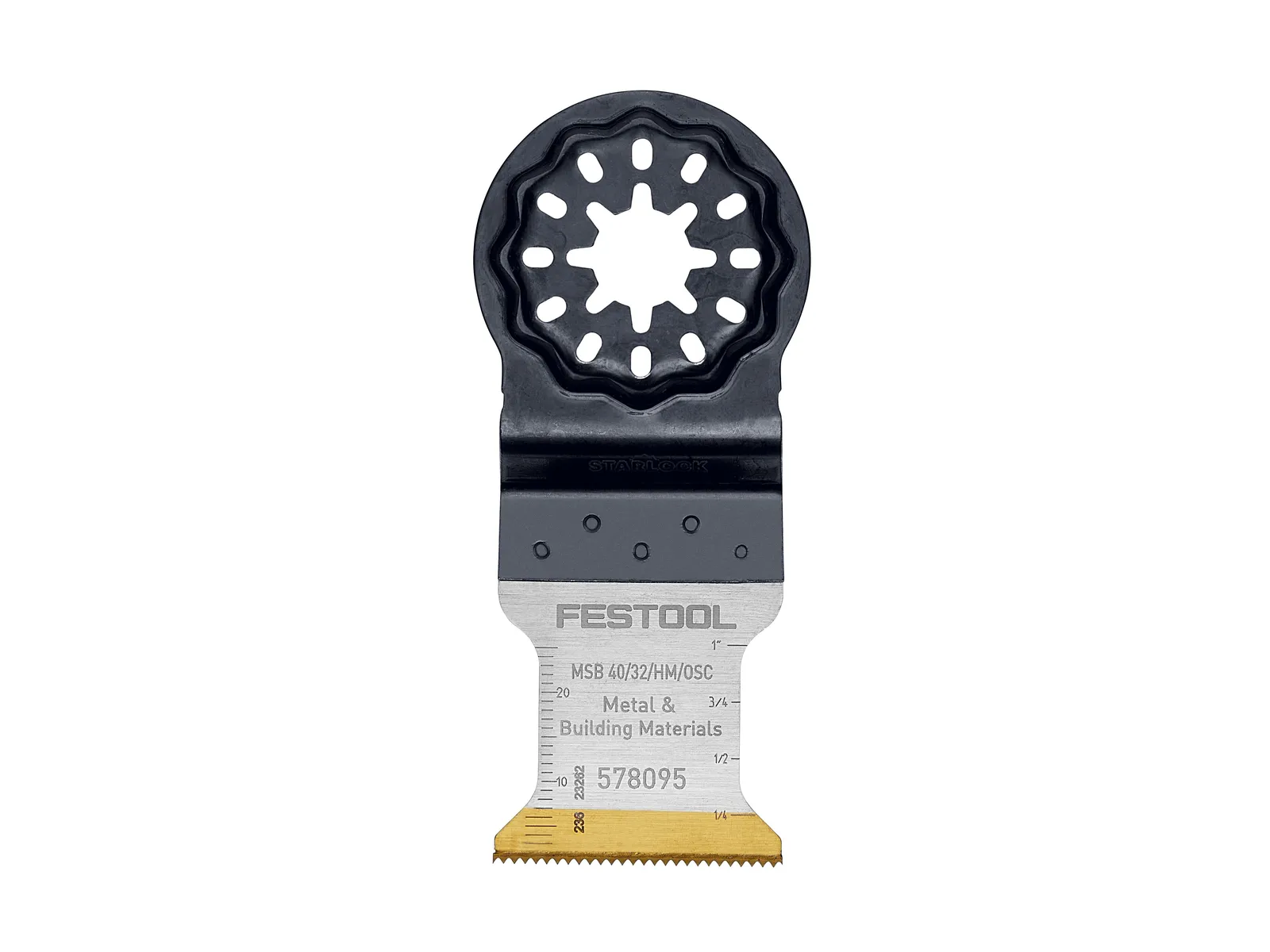 A Festool oscillating multi-tool blade with a star-shaped mounting end and a serrated edge at the bottom for cutting metal and materials.