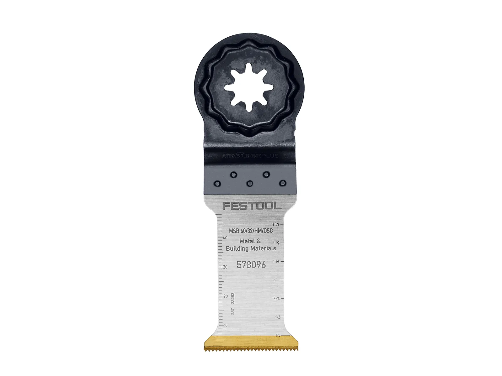 A Festool oscillating multi-tool blade for metal and building materials with a star-shaped end, silver blade, and gold edge.