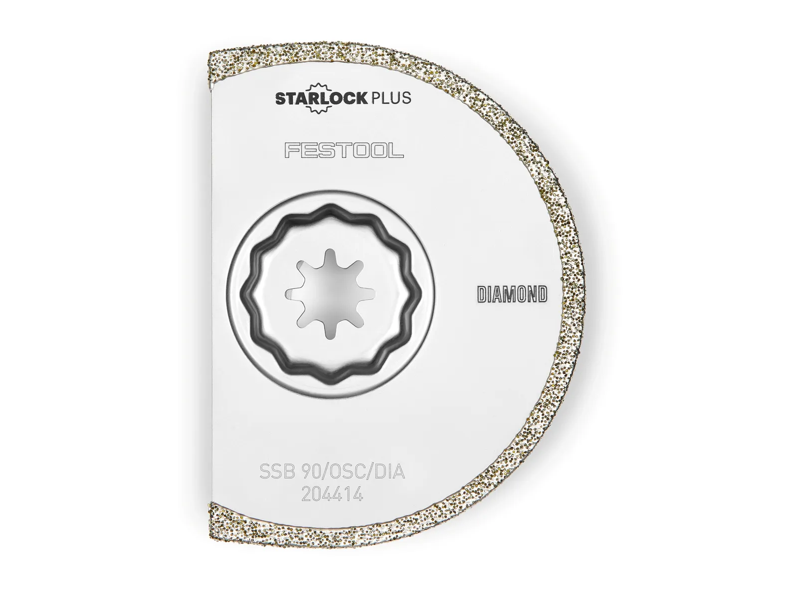 A semi-circular saw blade with a star-shaped mounting hole and a diamond-grit coated edge.