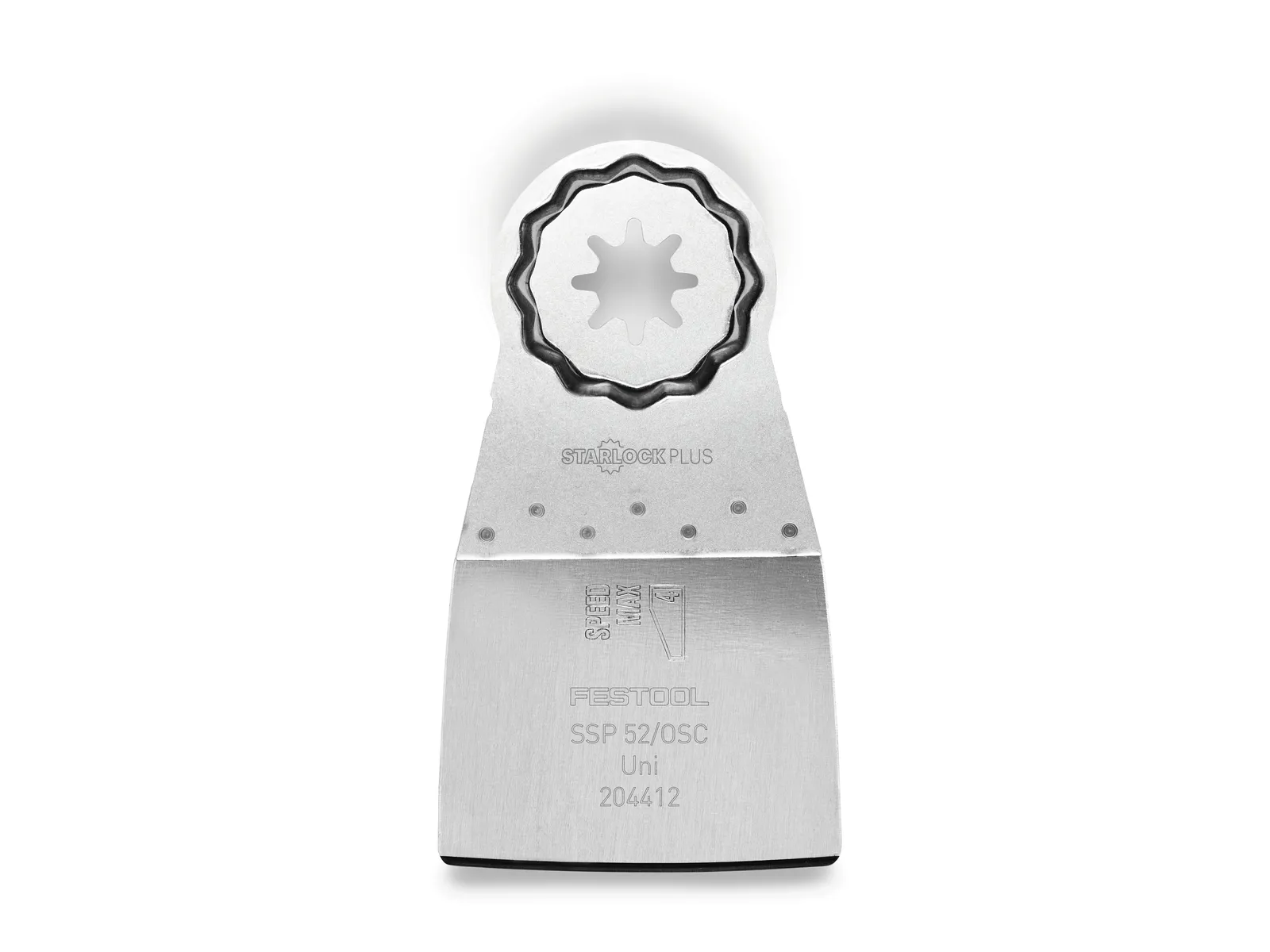 A Festool SSP 52/OSC Uni oscillating multi-tool blade stands upright on a white background with a star-shaped mounting hole.