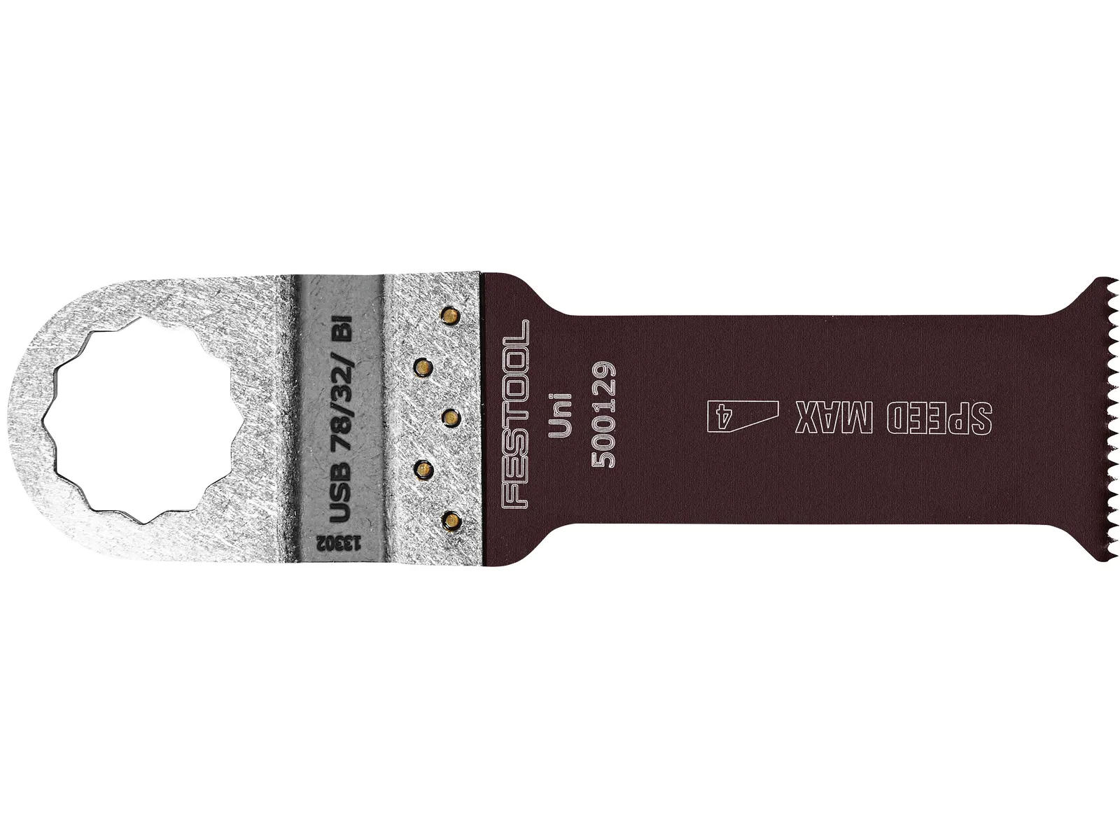 Oscillating multitool blade with a circular, toothed attachment hole on one end and a flat, straight-edged blade on the other.
