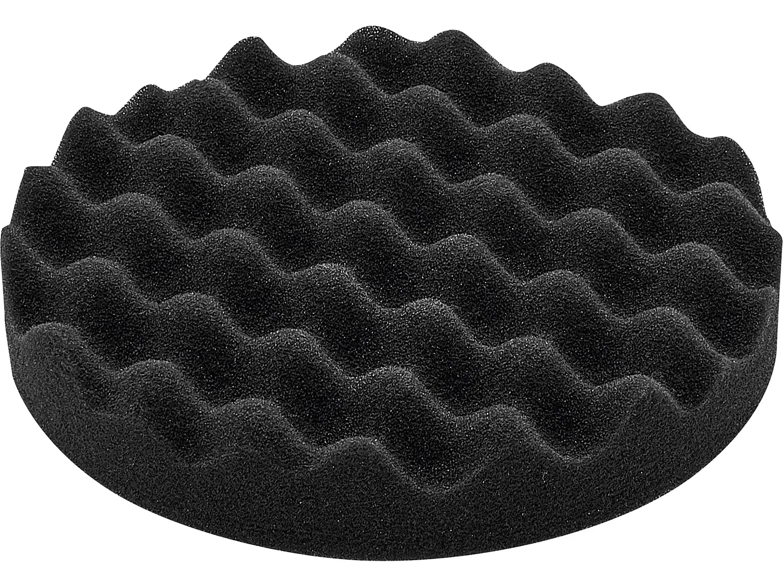 A black, round foam pad featuring a wavy, egg-crate texture on top, often used for soundproofing or as a polishing pad.
