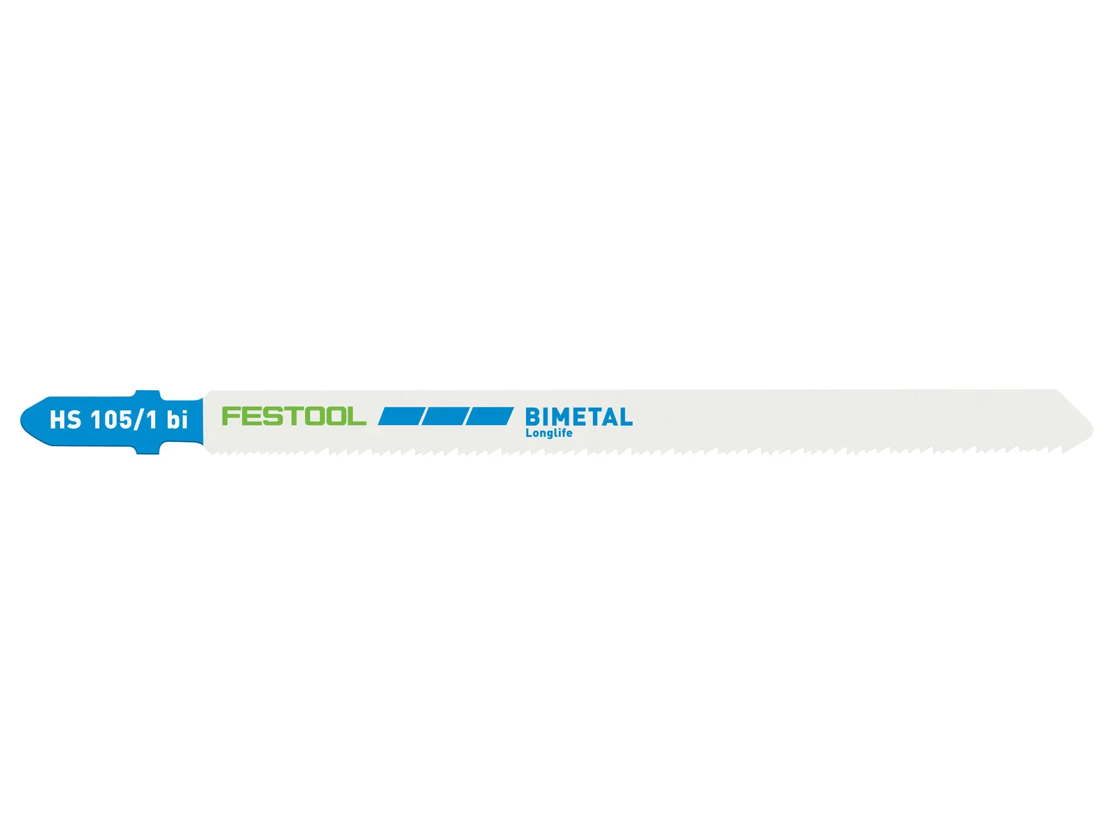 A Festool bimetal jigsaw blade with a blue and white design, fine teeth along one edge, and green and blue branding.