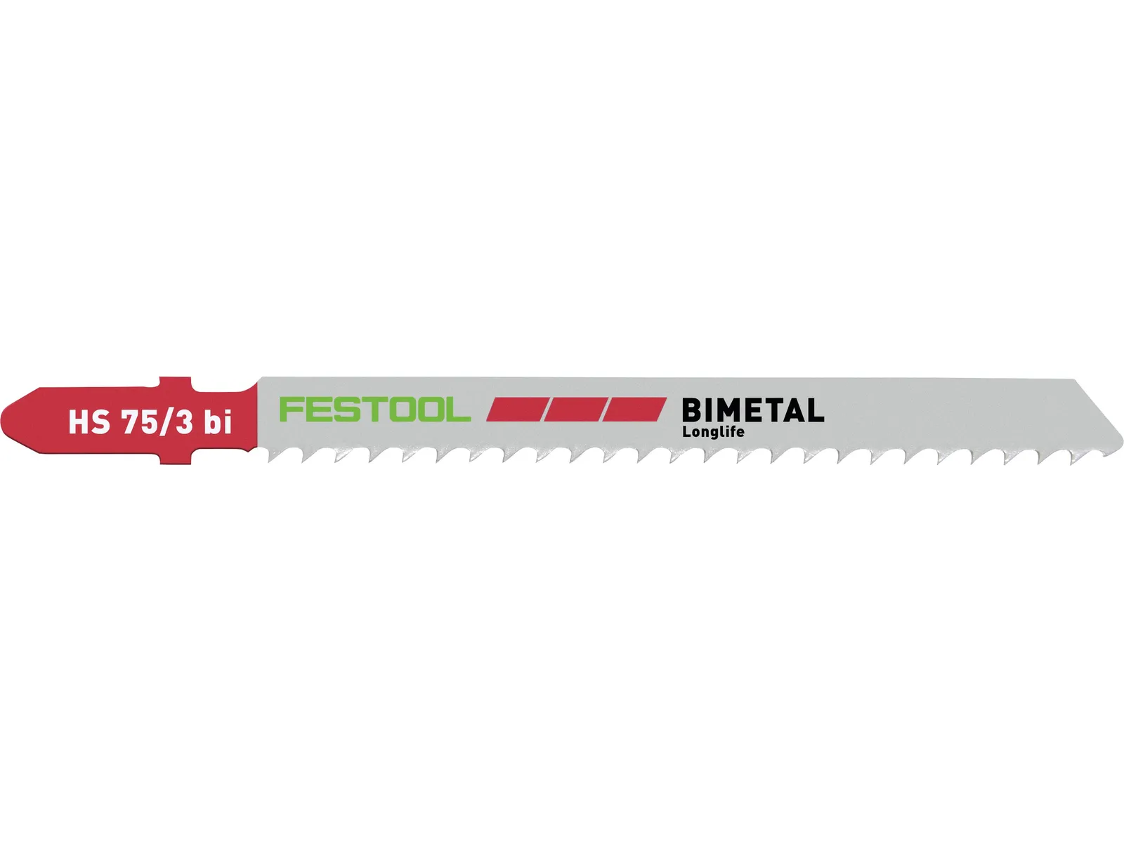 A Festool jigsaw blade, silver with red and green branding and sharp teeth along one edge.