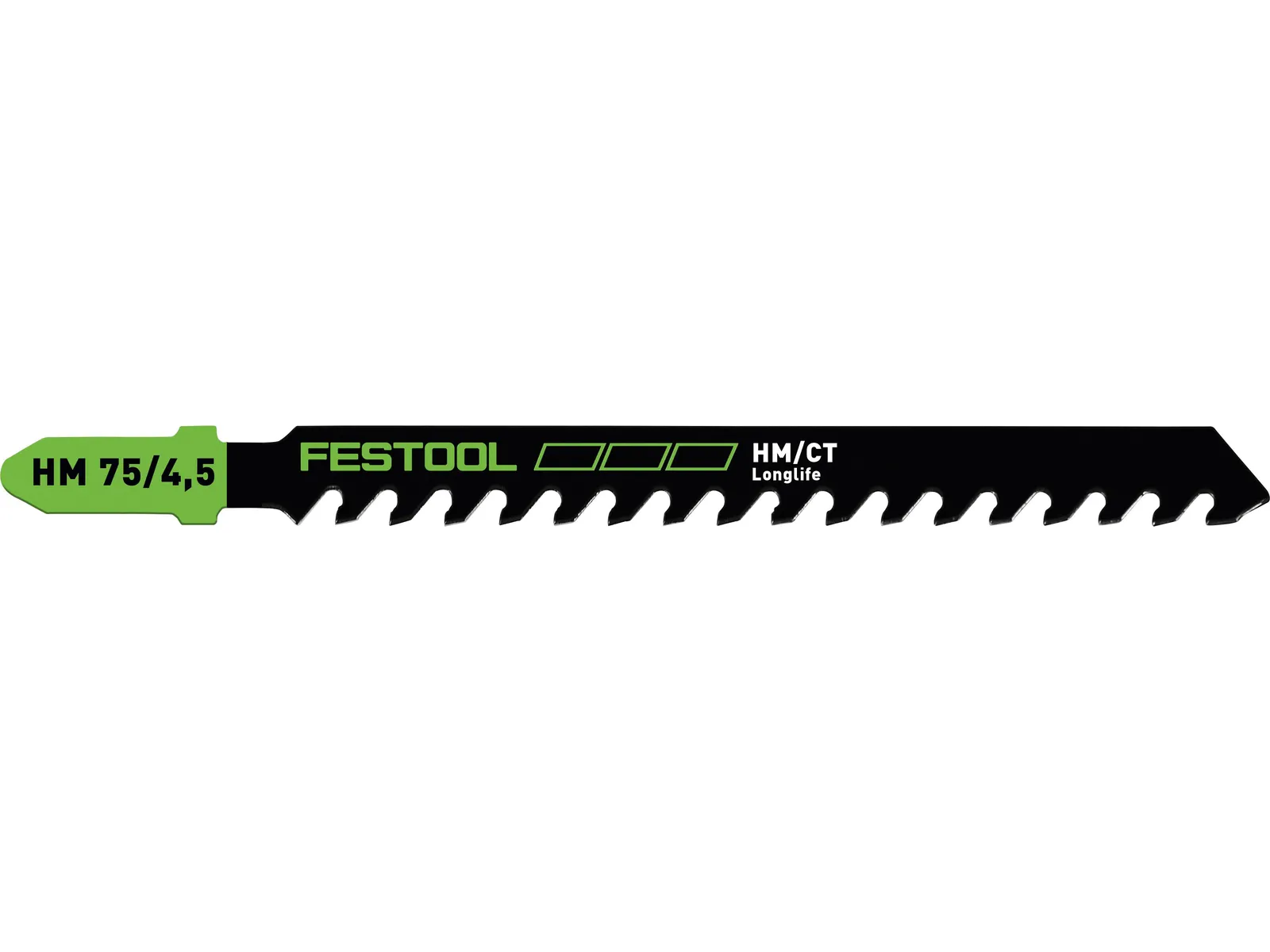 A black Festool jigsaw blade with green accents and jagged teeth.