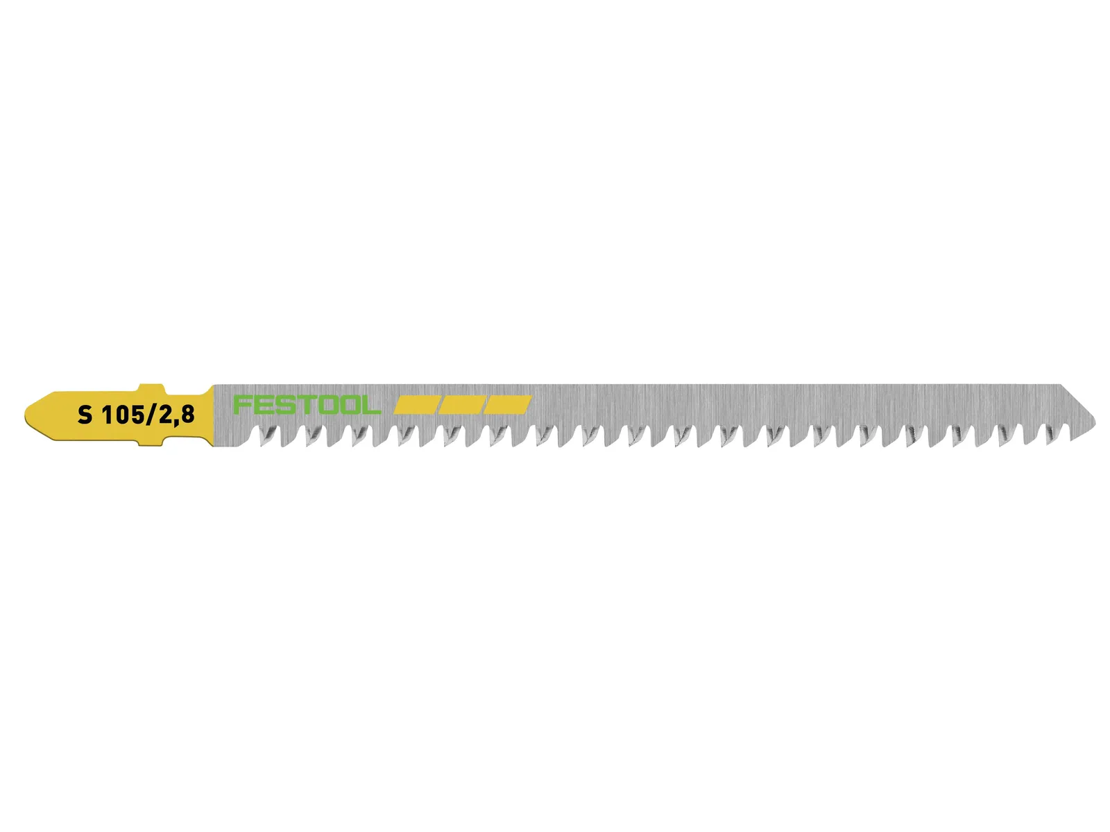 A Festool jigsaw blade with jagged teeth on a yellow tab. The metallic blade is designed for cutting materials.