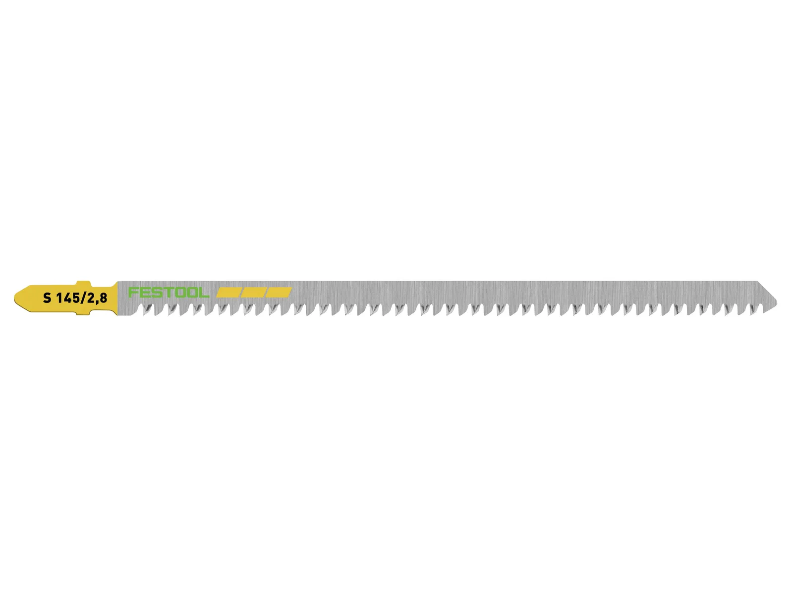 A Festool jigsaw blade with a yellow shank. The silver blade has sharp, evenly spaced teeth for cutting wood or similar materials.