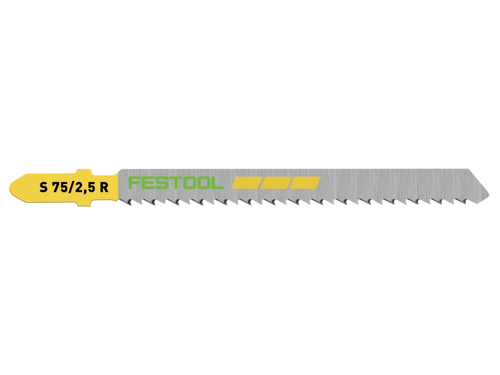 A Festool jigsaw blade with a yellow shank and silver body, featuring sharp, evenly spaced teeth and the Festool logo in green.