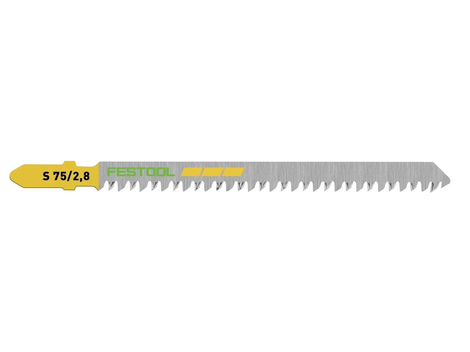 A Festool jigsaw blade with sharp, angled teeth and a yellow and silver shank. The blade is for cutting wood or similar materials.