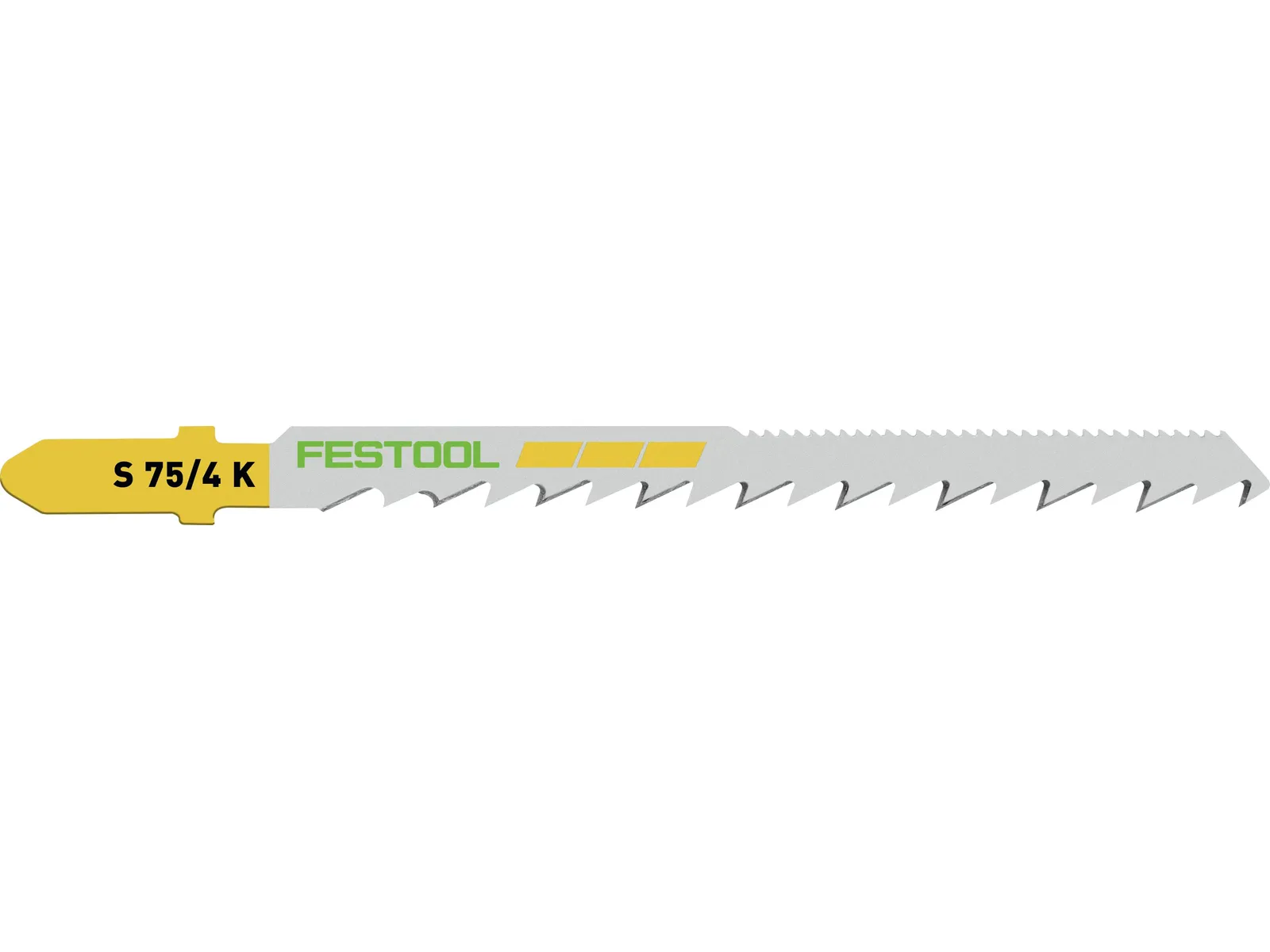 A metal Festool jigsaw blade with a yellow and silver design, sharp teeth, and the Festool logo in green and yellow on the side.