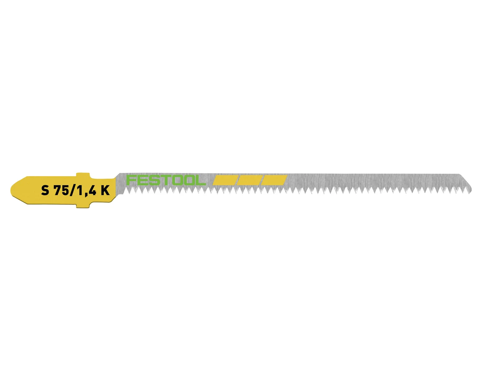 A Festool jigsaw blade with a yellow shank and a silver toothed edge, designed for precision woodworking tasks.