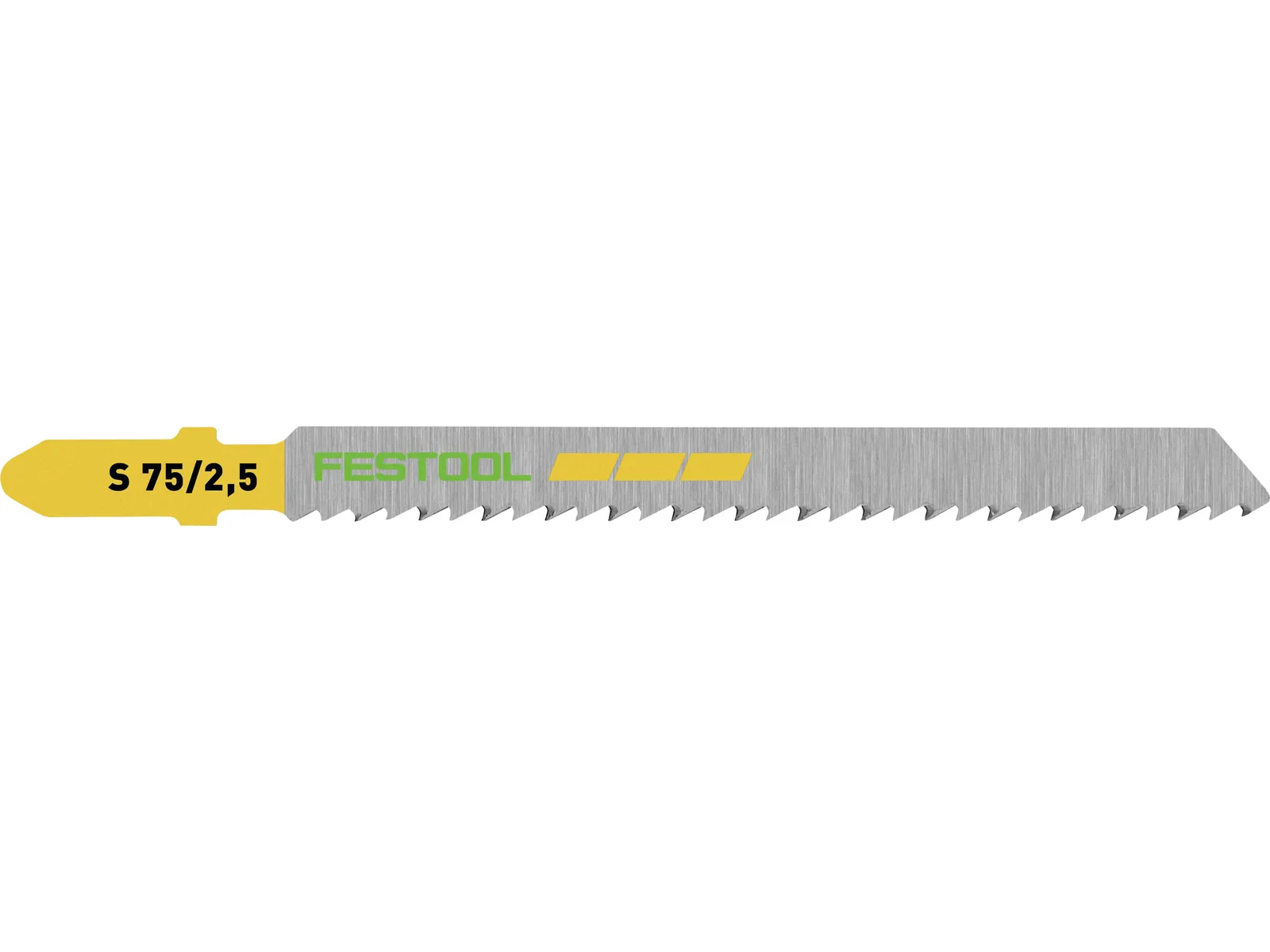 A silver Festool jigsaw blade with sharp teeth, a yellow label on the left, and green Festool logo. The blade tapers to a point.