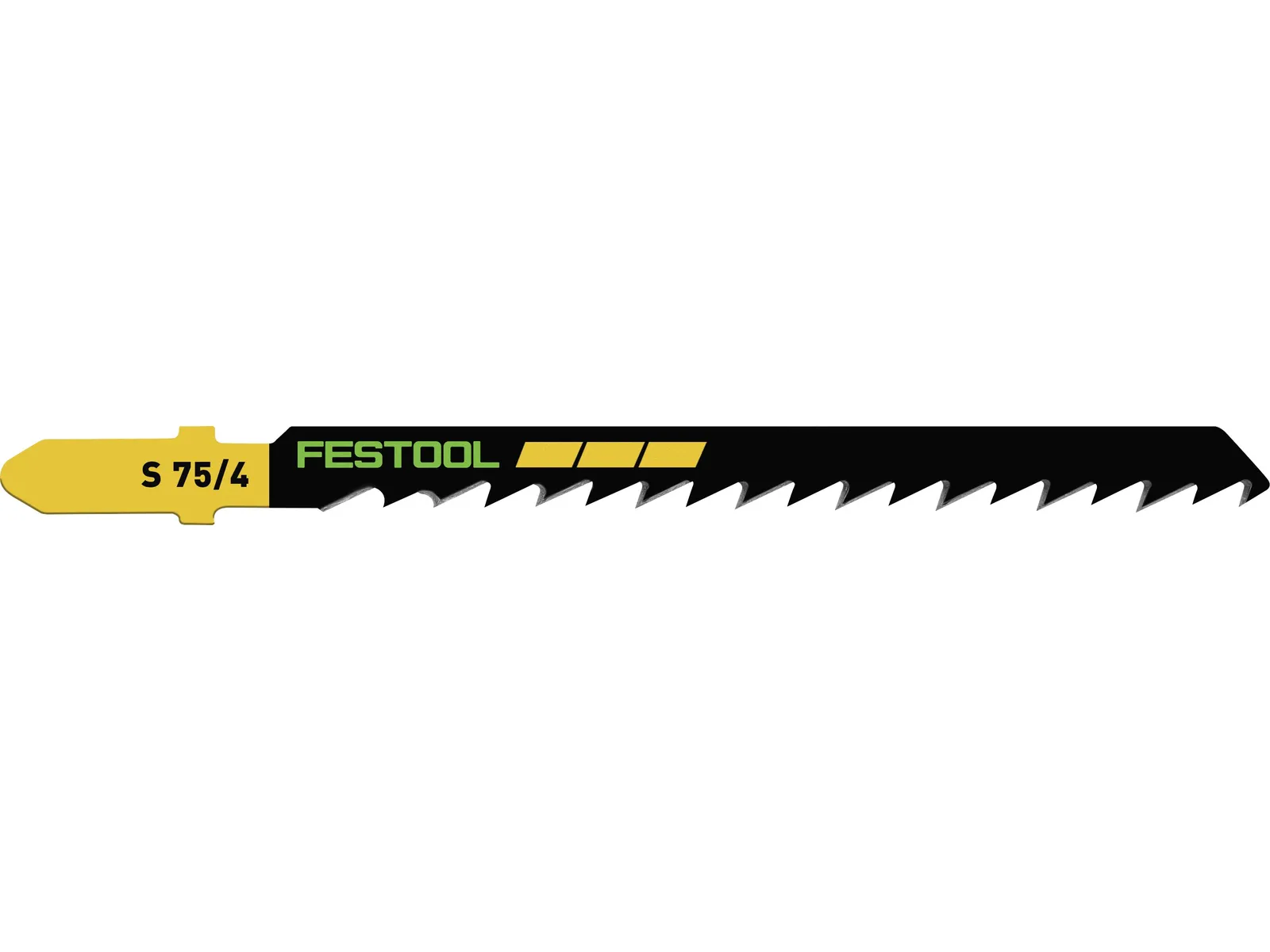 A Festool jigsaw blade with a yellow shank and a black body featuring sharp teeth and the Festool logo in green and yellow.