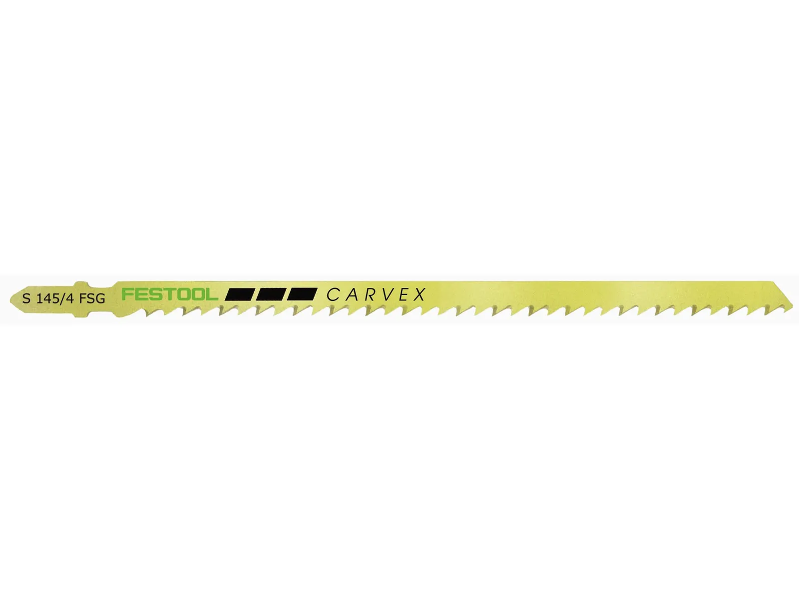 A yellow Festool Carvex S 145/4 FSG jigsaw blade with sharp teeth, designed for cutting wood and other materials.