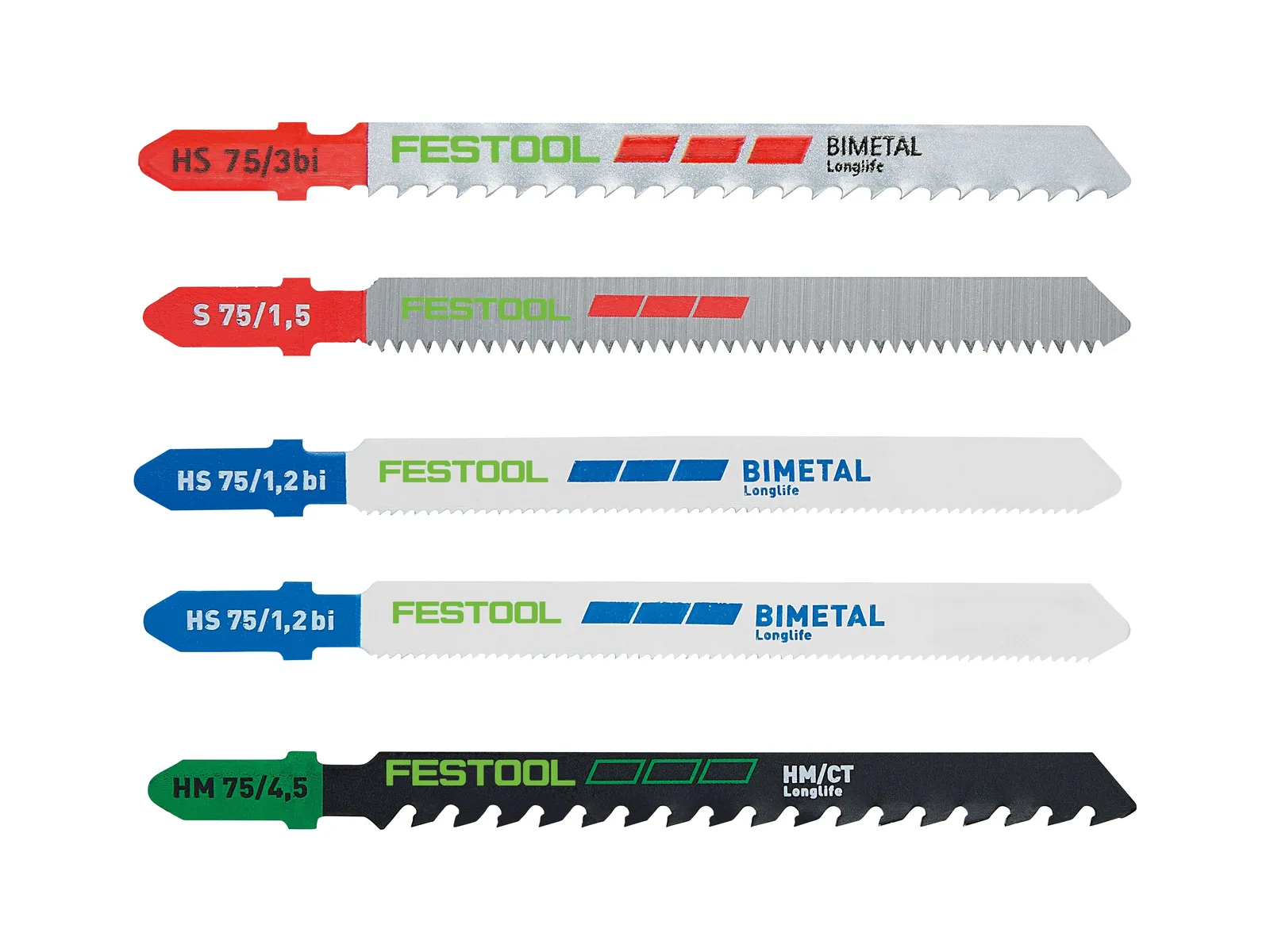 Five Festool jigsaw blades in different colors and codes, arranged horizontally with varied teeth patterns and sizes for cutting.