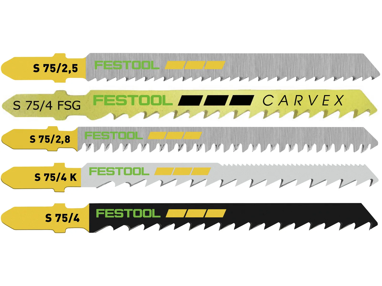Five Festool jigsaw blades are arranged in a horizontal row, each with distinct colors and markings for their intended use.