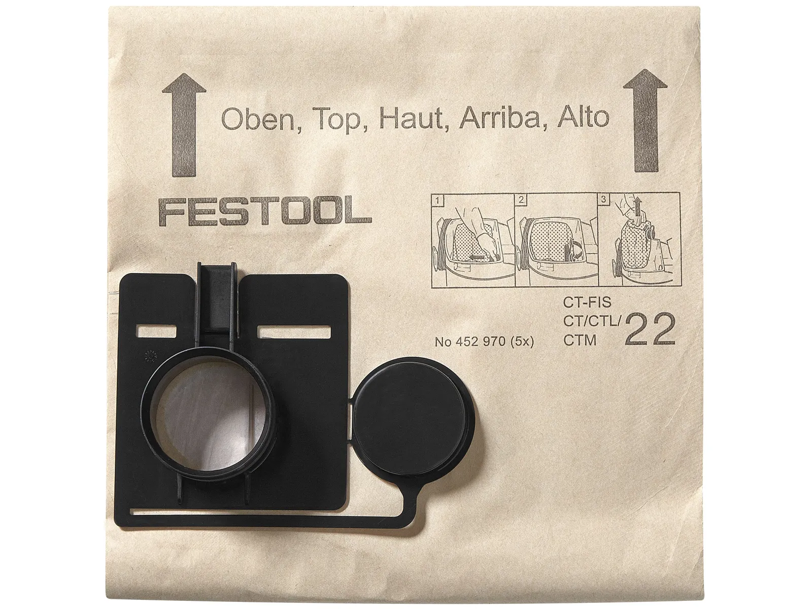 The Festool 452973 FILTER BAGS FIS-CT 55 5X have a black plastic connector and cap with directional arrows. For FIS-CT 55 bags.
