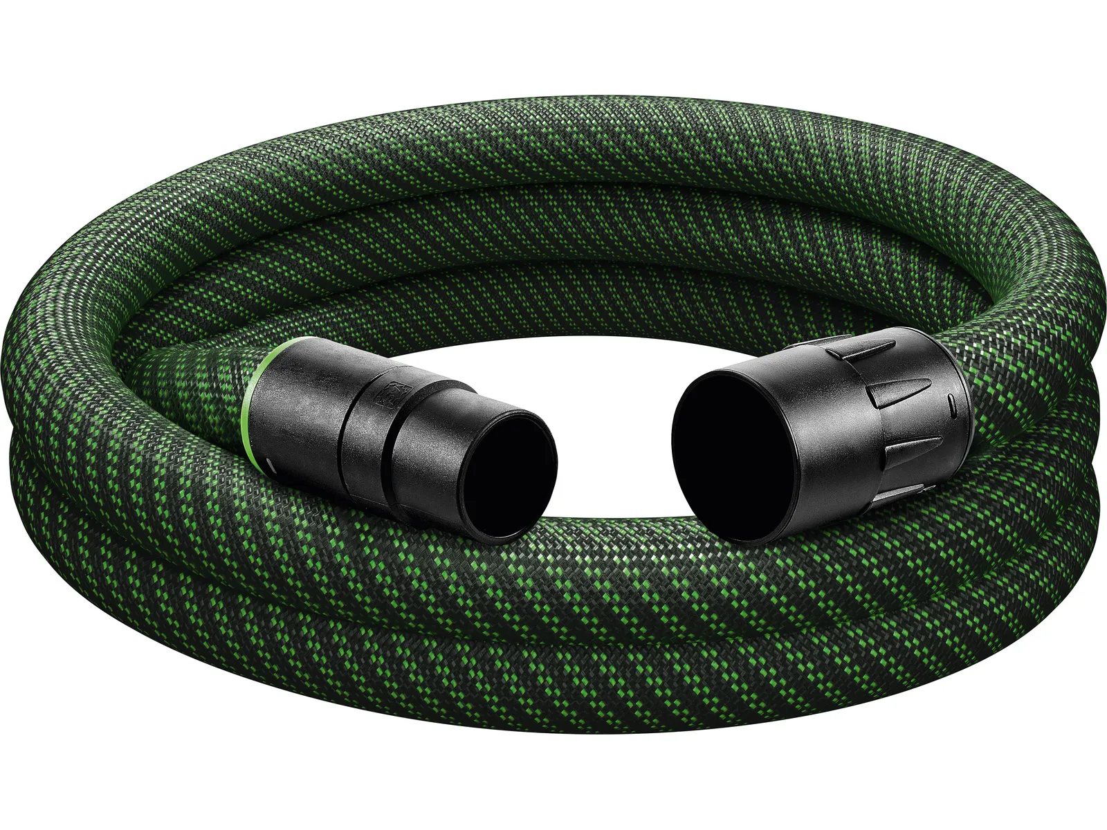 A coiled Festool 204923 Suction hose D36/32x3,5m-AS/R in black and green, textured surface, large black connectors at both ends.