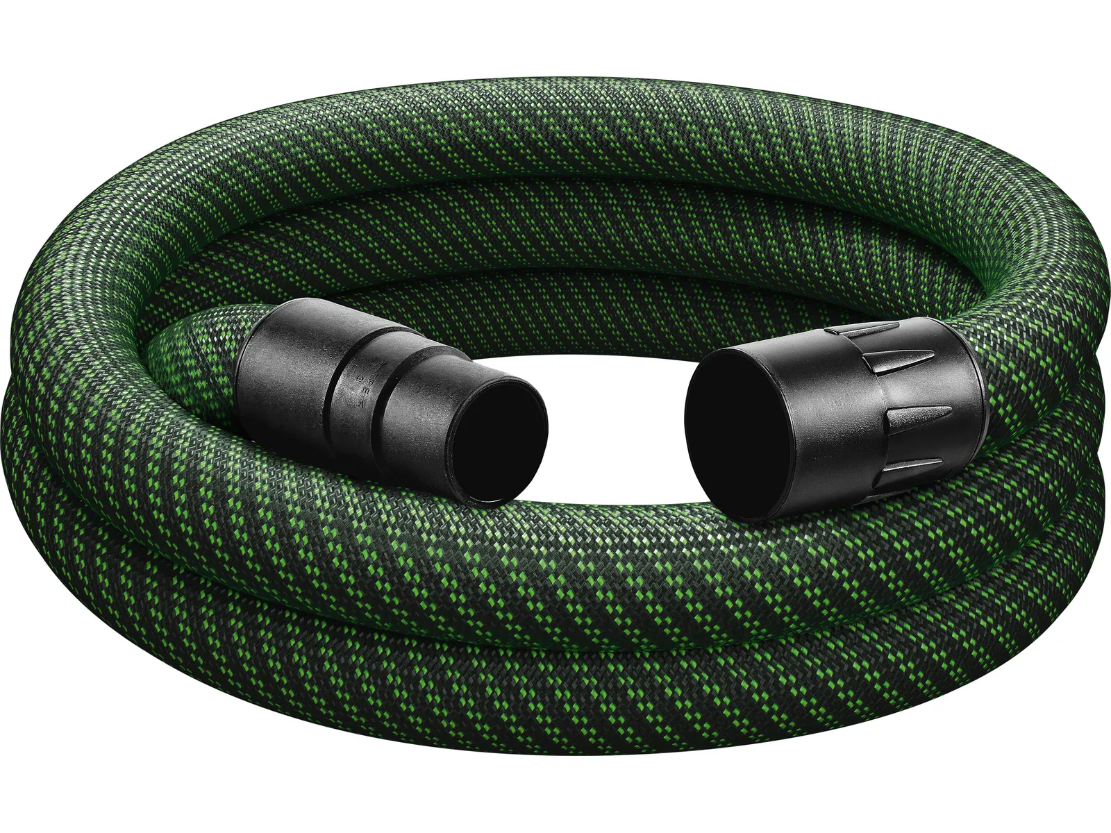 A coiled green and black hose with black plastic connectors on both ends is neatly arranged on a white background.