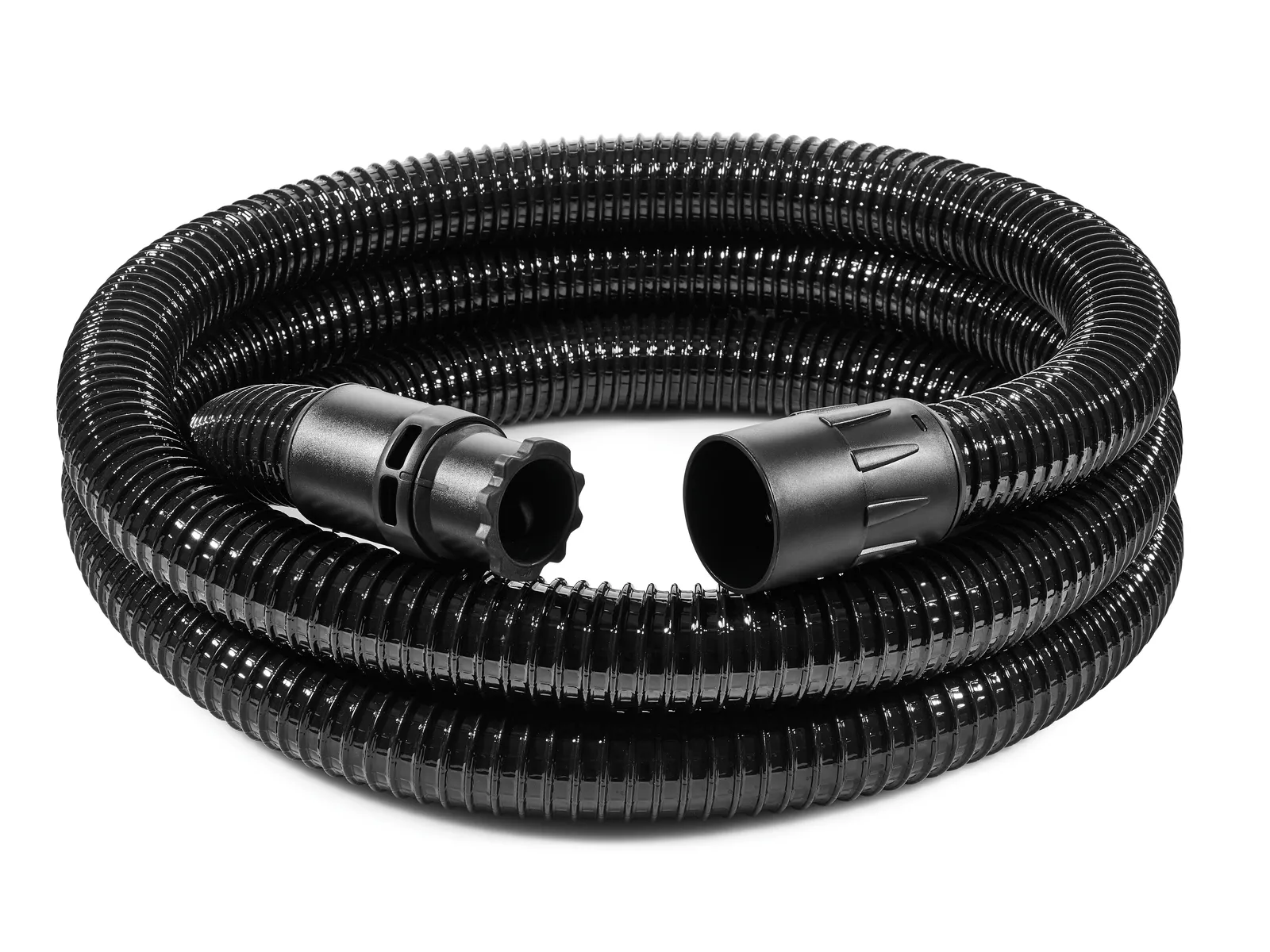 A coiled black Festool 204923 Suction hose D36/32x3,5m-AS/R with connectors at both ends on a white background.