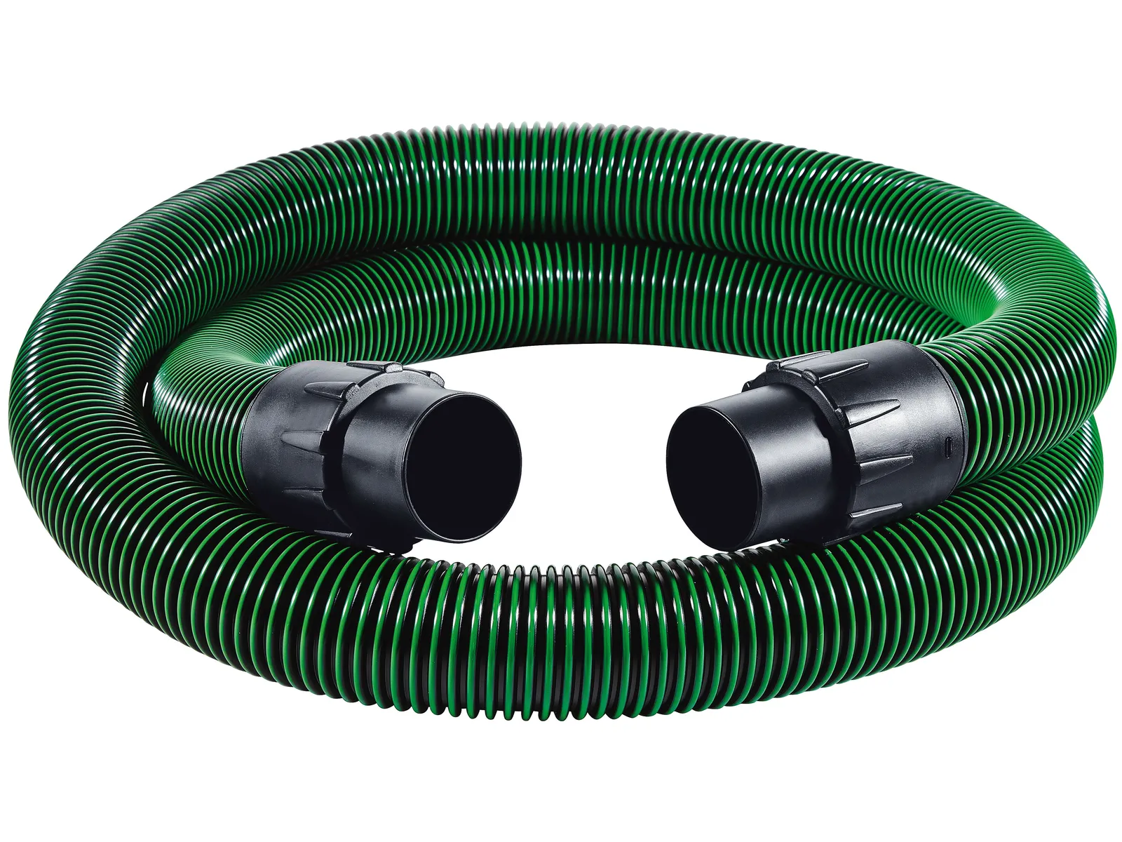 A coiled Festool 204923 Suction hose D36/32x3.5m-AS/R with black plastic connectors on both ends on a white background.
