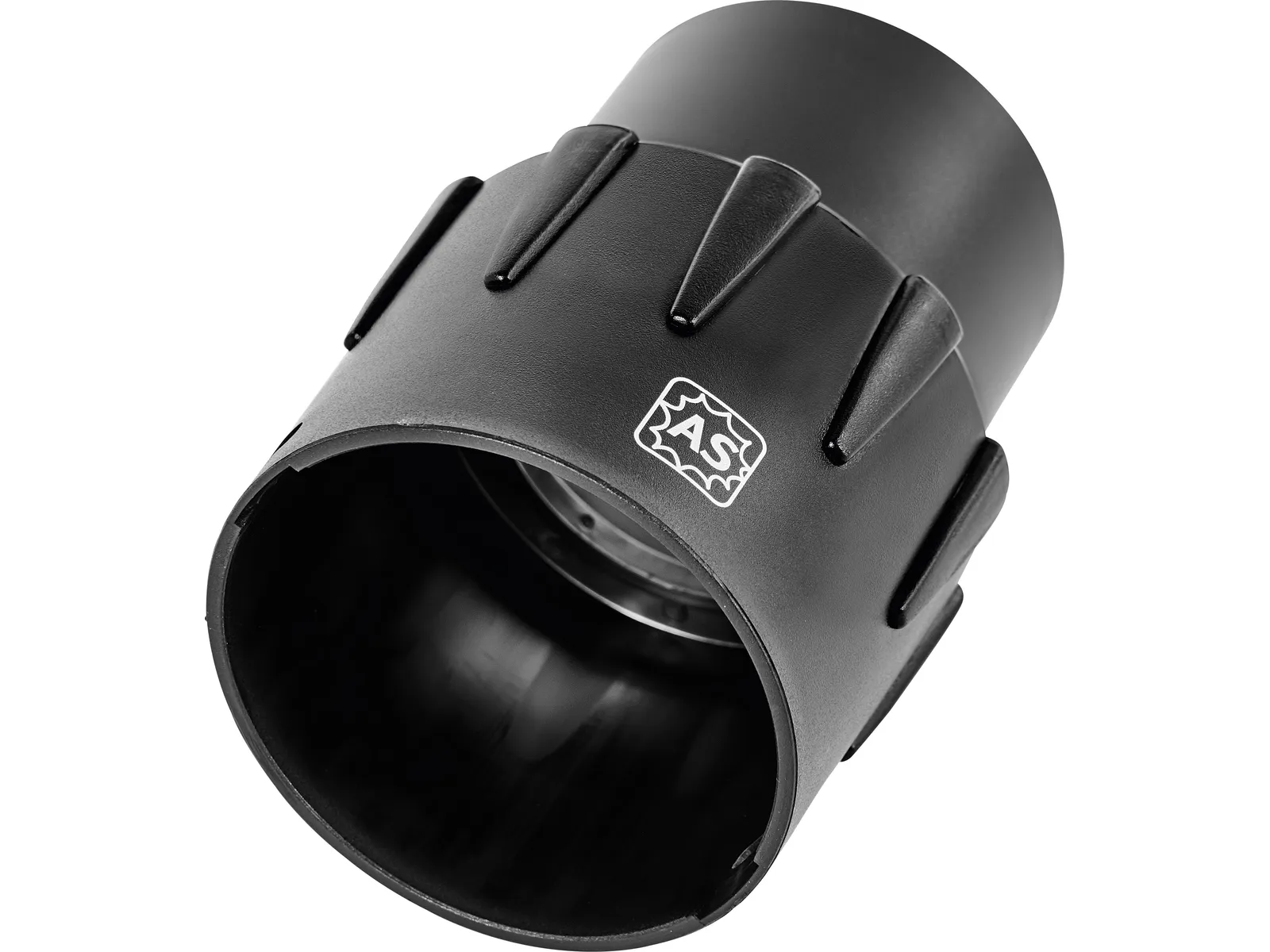 A black cylindrical automotive exhaust tip with a matte finish and grooved sides.