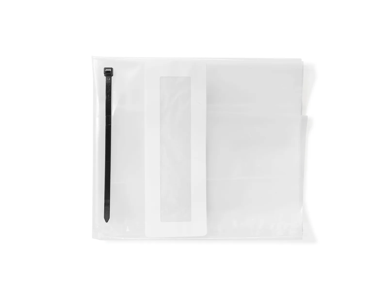 The Festool 204296 Waste bag ENS-VA-20/10 is a clear plastic bag with a white label and black zip tie on a white background.