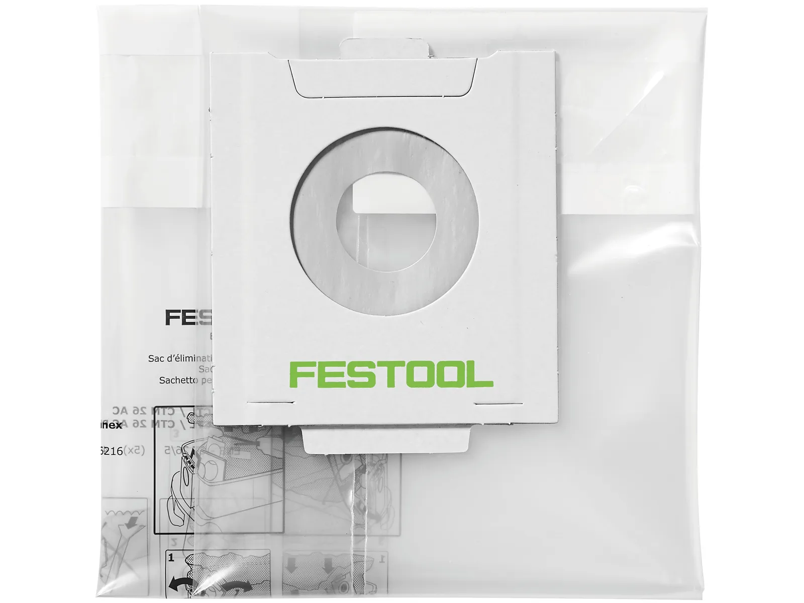 The Festool 204296 Waste bag ENS-VA-20/10 in white packaging, with a cardboard collar and circular opening, on white background.