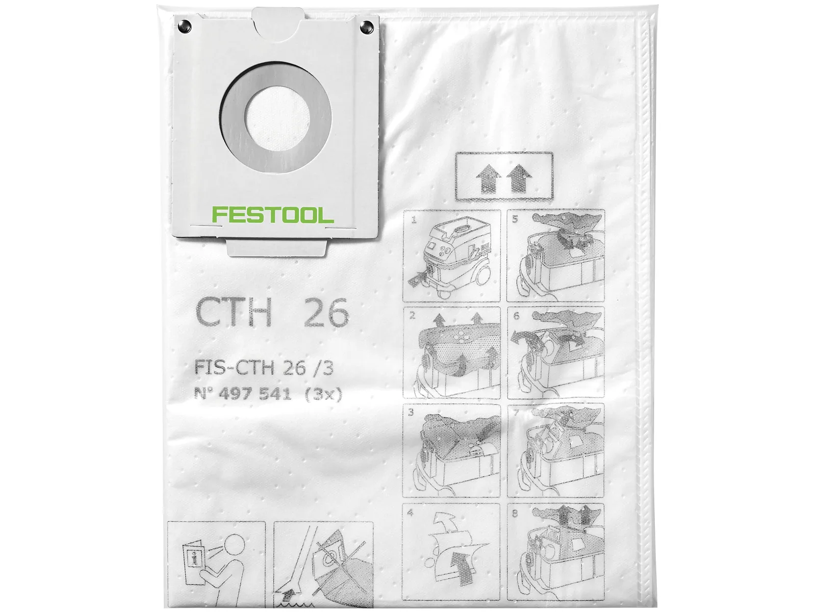 Festool 452973 FILTER BAGS FIS-CT 55 5X have a cardboard collar and front instructions; for CTH 26 and FIS-CT 55 systems.