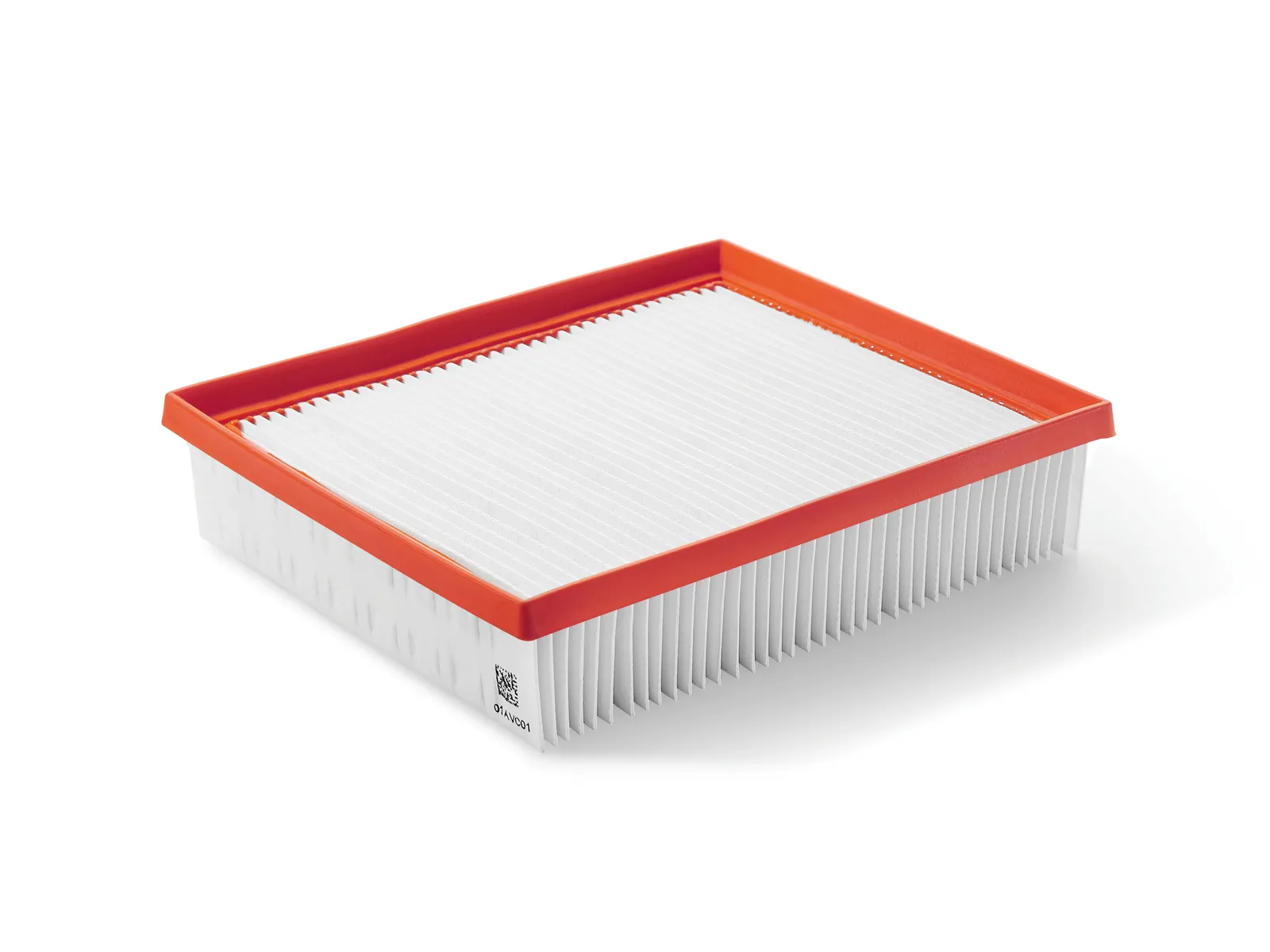 A rectangular air filter with a white pleated center and an orange border, displayed against a plain white background.