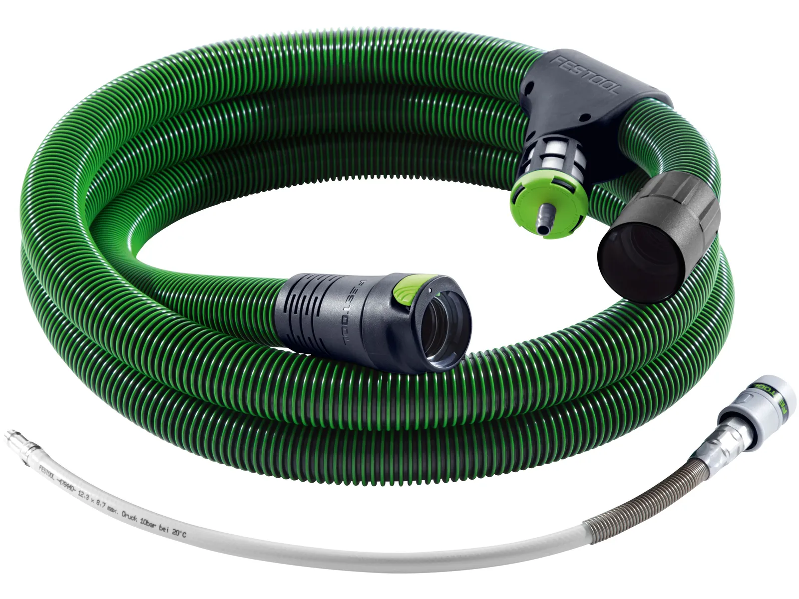 A coiled green and black Festool 204923 suction hose D36/32x3,5m-AS/R with connectors at both ends, gray nozzle, flexible extension.
