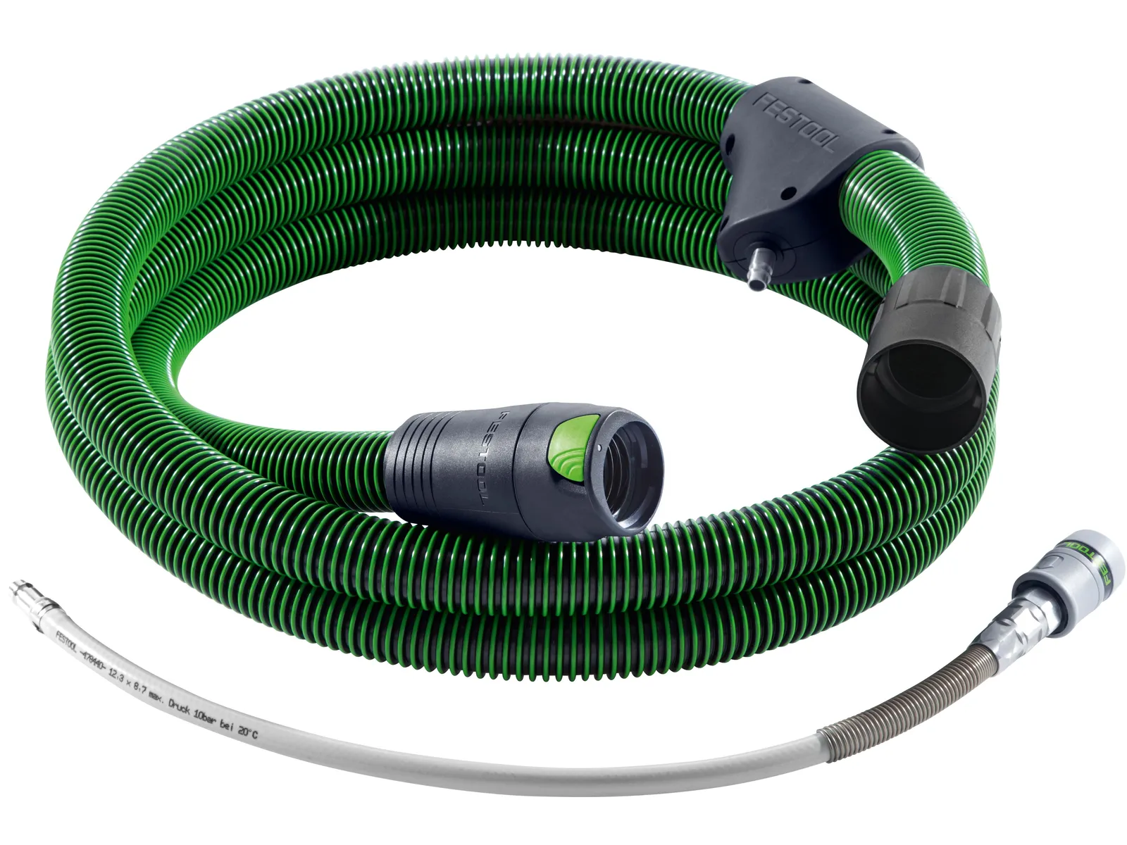 The Festool 204923 Suction hose D36/32x3,5m-AS/R is a coiled green and black hose with connectors, next to a silver flexible hose.
