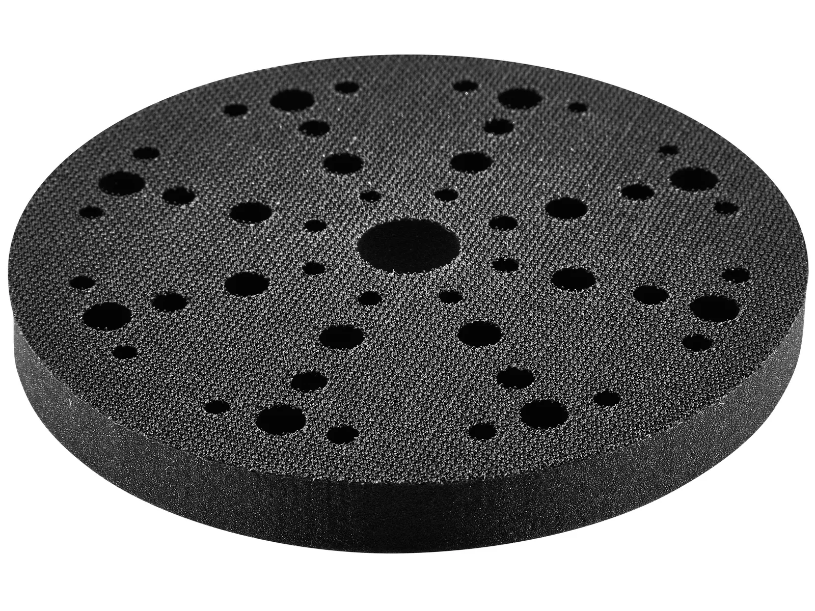 A round black foam sanding pad featuring several small and large circular holes arranged in a pattern across its surface.